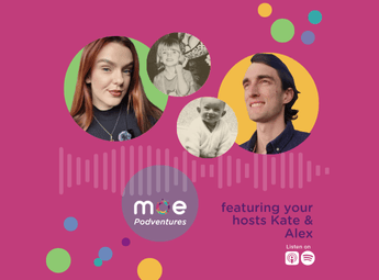 podcast cover art, pink background with grown up and childhood pictures of hosts Kate and Alex