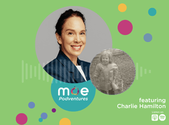 Podcast cover art with a current and childhood picture of guest Charlie Hamilton on a green background
