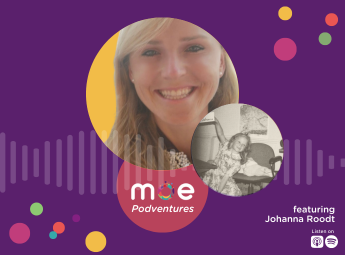 Podcast art with a childhood and current picture of guest Johanna Roodt on a purple background