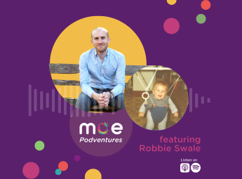 Podcast cover art a picture of guest Robbie Swale as an adult and as a child on a purple background