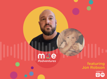 Current picture and childhood picture of Jon Robson with a coloured background.